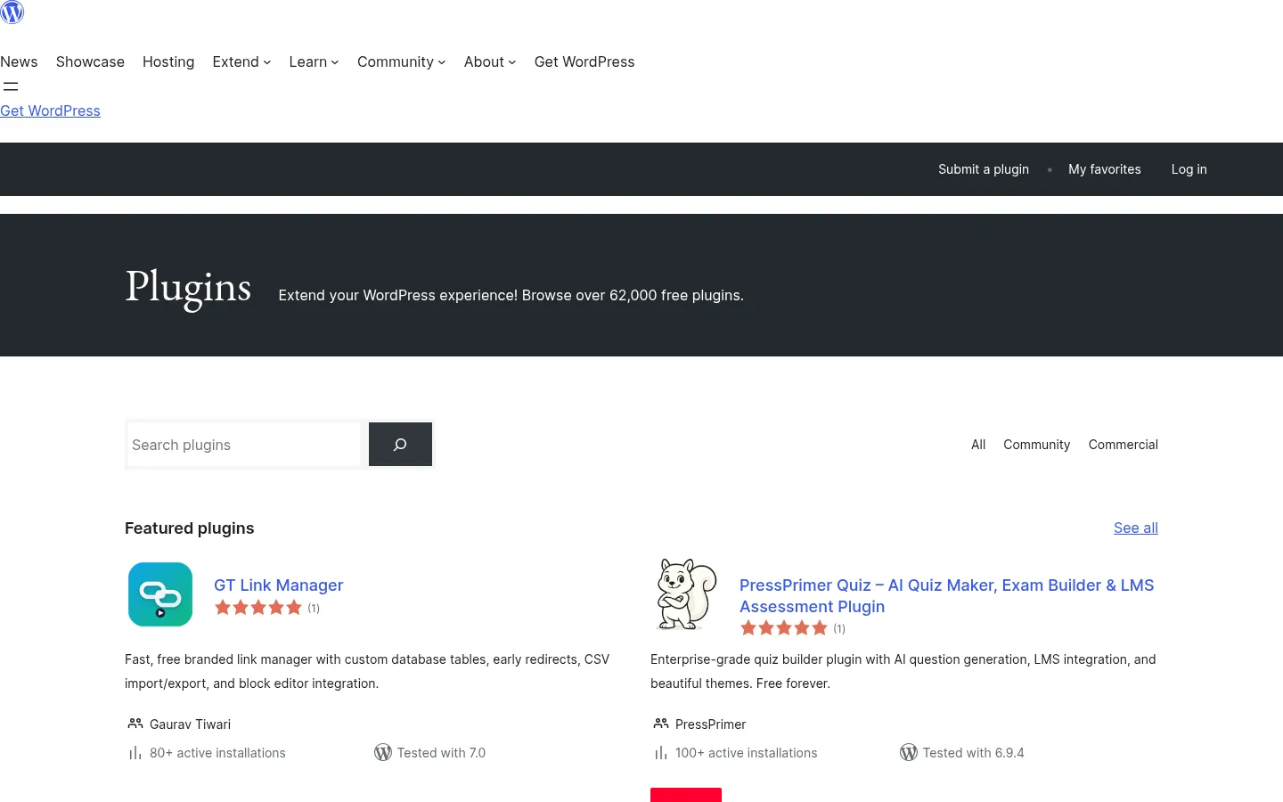 Screenshot der geprüften Website https://wordpress.org/plugins/