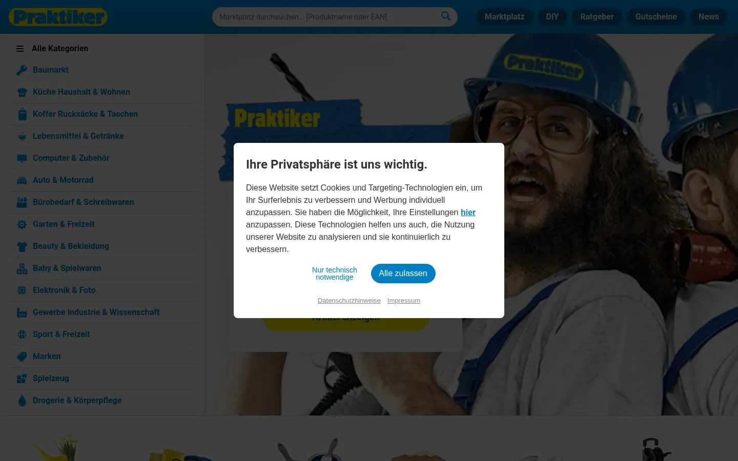 Screenshot der geprüften Website https://praktiker.de/