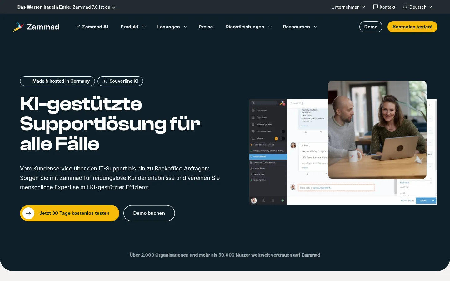Screenshot der geprüften Website https://zammad.com/de
