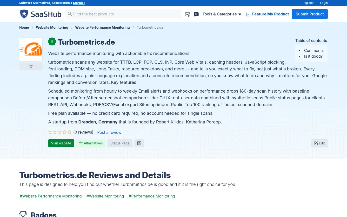 Screenshot der geprüften Website https://www.saashub.com/turbometrics-de