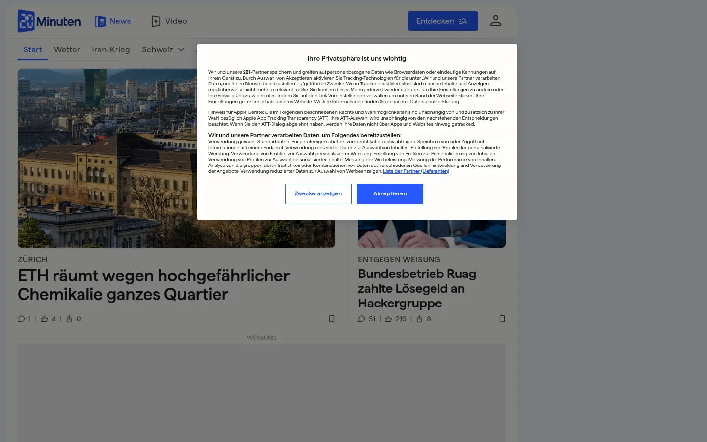 Screenshot https://www.20min.ch/